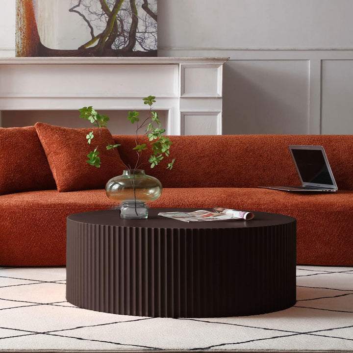 Modern Round Coffee Table Set, Nesting End Tables, Wood Drum