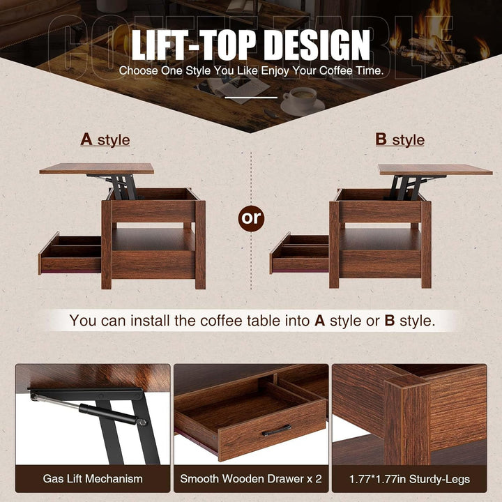 Lift Top Coffee Table with Drawers, Retro Central Table, Espresso