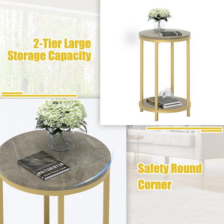 Round Side Table, Modern Nightstand End Table with Gold Metal Frame &Faux Marble Top