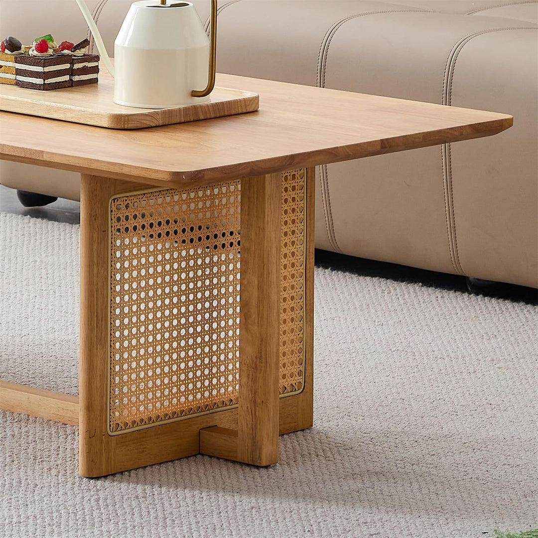 Imitation Rattan Solid Wood Natural Coffee Table, Hexagonal Weave, B-natural