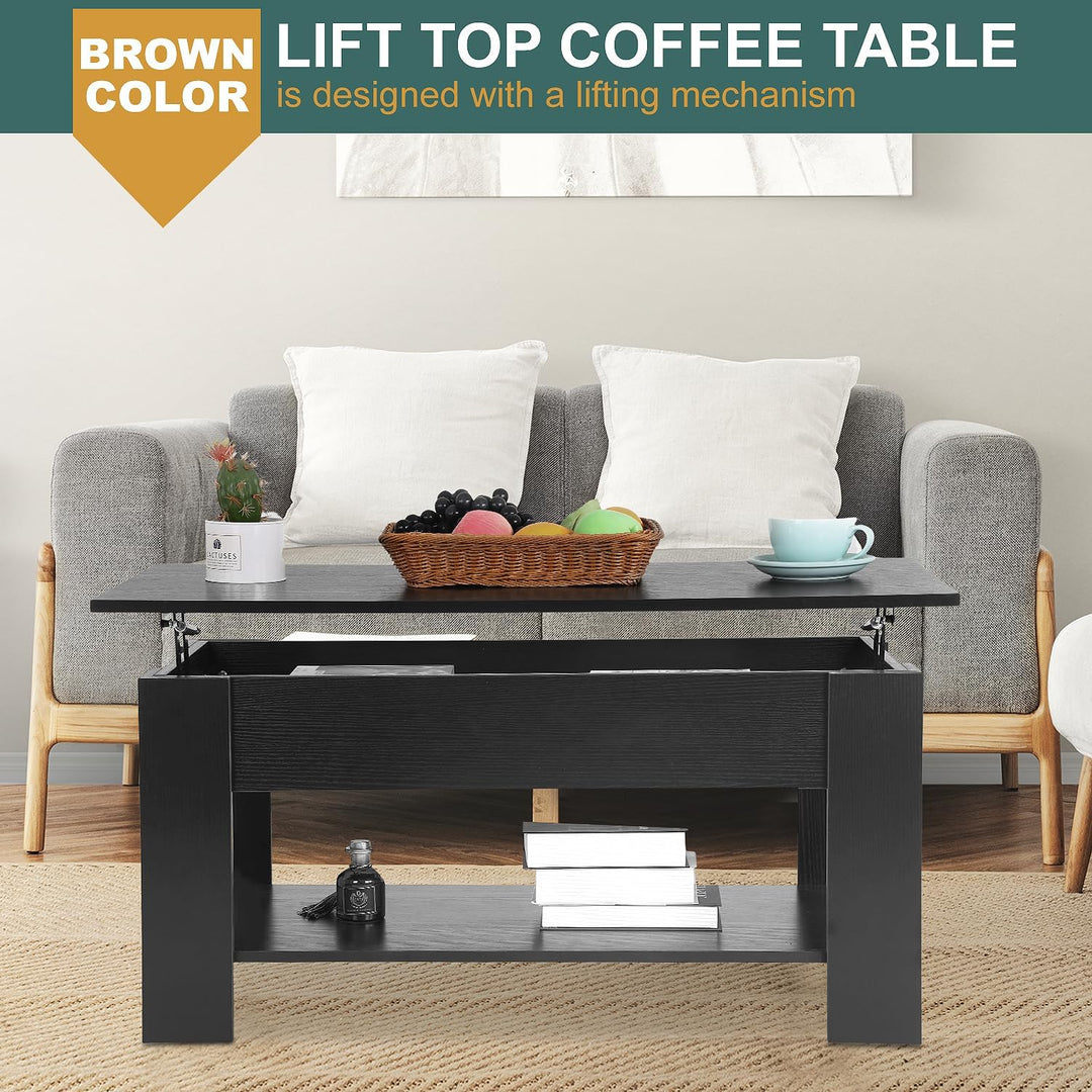 Lift Top Coffee Table with Hidden Storage, Wooden Dining Table, Black