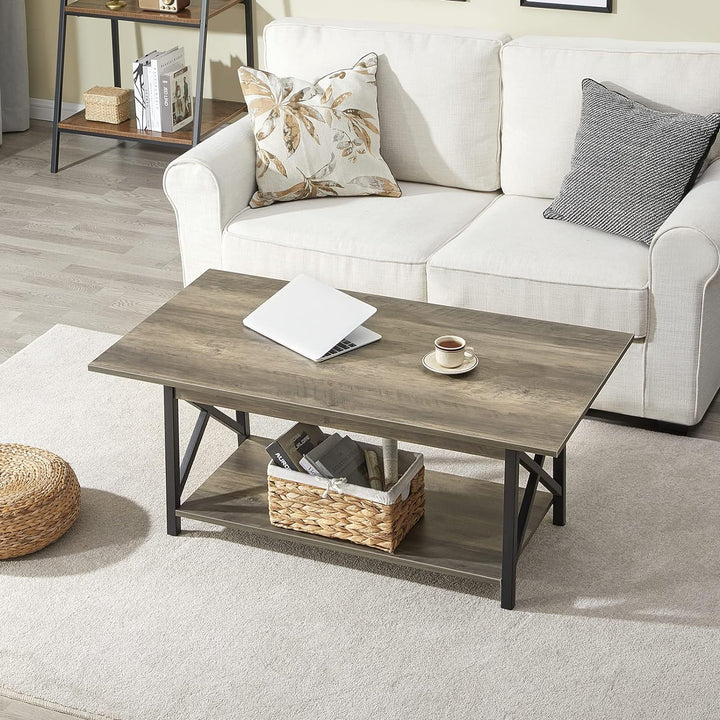 Rustic Farmhouse Coffee Table with Storage Shelf, Gray Wash