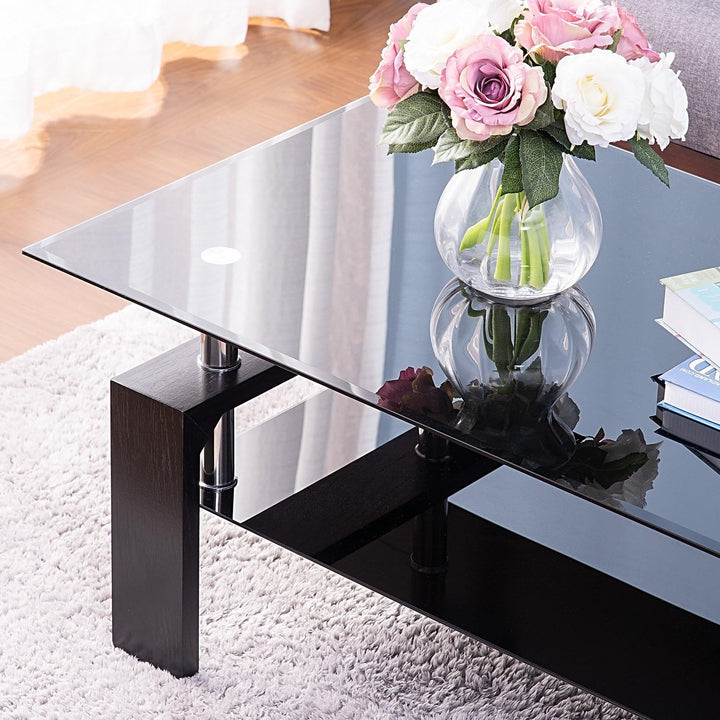 Black Glass Top Coffee Table with Black Metal Legs, Black