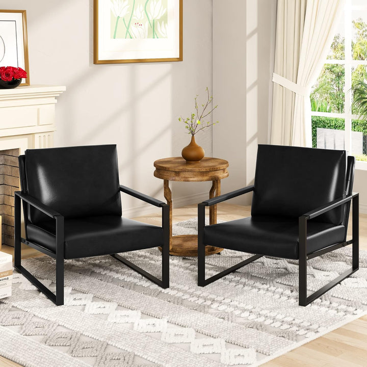 Leather Accent Chair Set of 2 Sofa Chair Black Frame