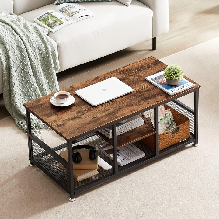 Rustic Brown Coffee Center Table with Storage, Modern Industrial Mesh Shelf