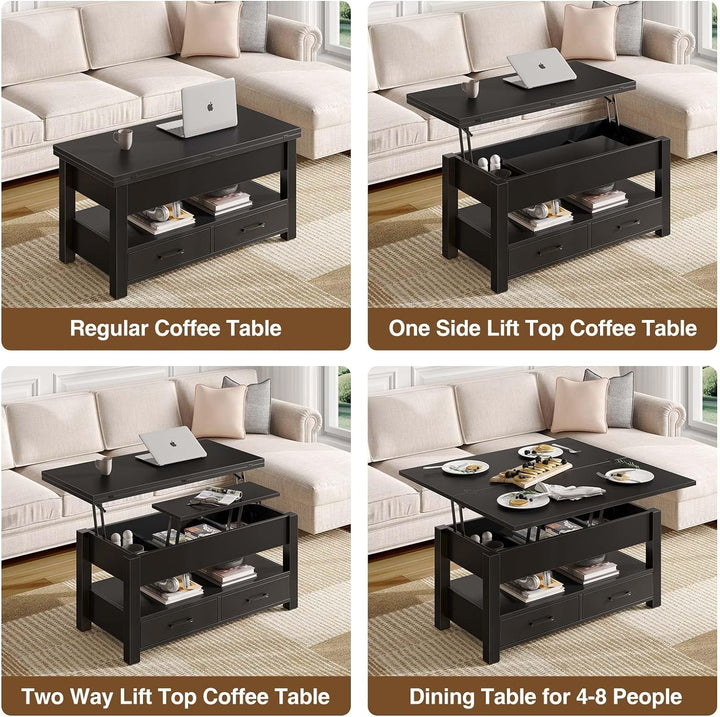 Multifunctional Coffee Table with Lift Top, Drawers, Hidden Compartment, Converts to Dining Table, Black