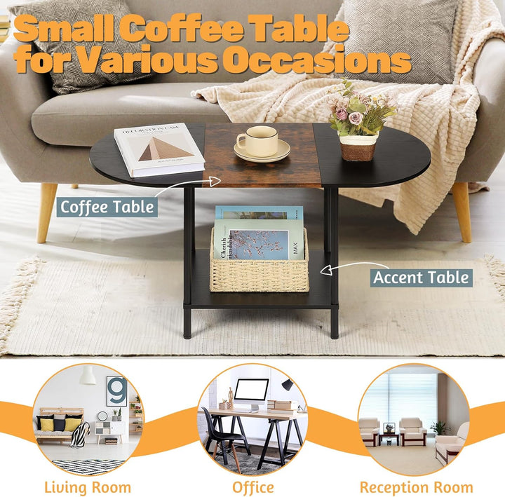 Coffee Tables for Living Room, 2-Tier Small Oval Center Table with Storage Shelf, Industrial Modern Style, Wood Tabletop, Brown & Black