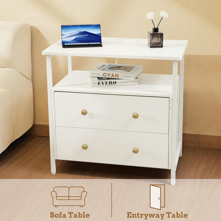 27" Nightstand w/ Charging Station, 2 Drawers, White