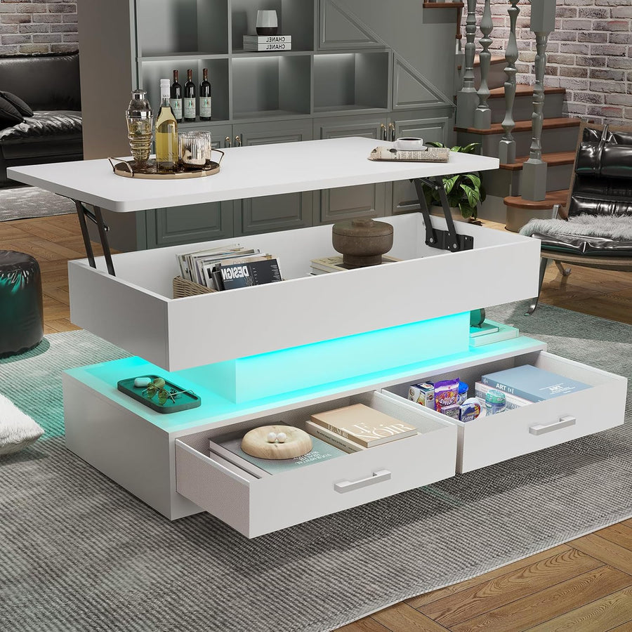 Lift Top Coffee Table with Storage and LED Light, White