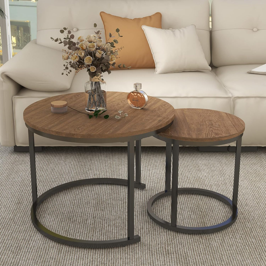 Industrial Nesting Coffee Table Set, Modern Walnut Accent Tables