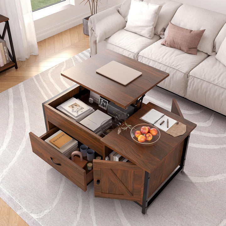 FABATO Lift Top Coffee Table w/ Storage Drawer, Barn Door Cabinet, Espresso