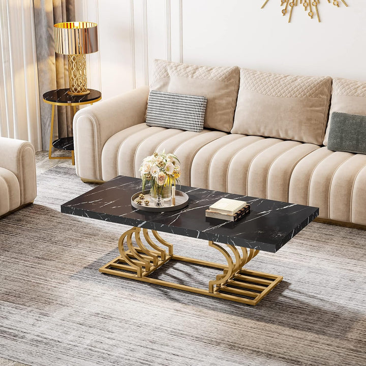 Modern Faux Marble Coffee Table, Black/Gold