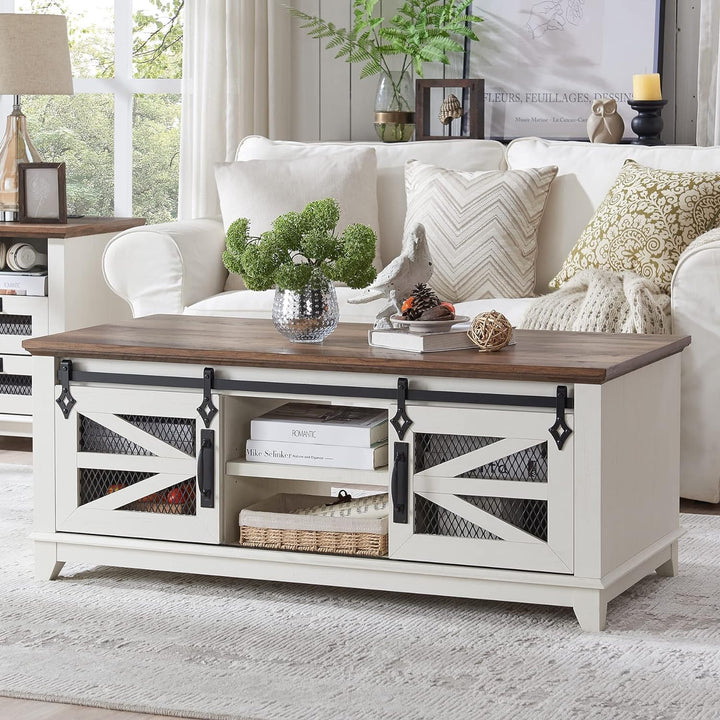 Rustic Coffee Table with Storage, Sliding Barn Doors, Antique White