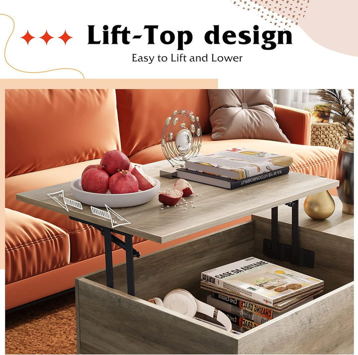 Lift Top Coffee Table with Hidden Storage, Adjustable Shelf, Greige