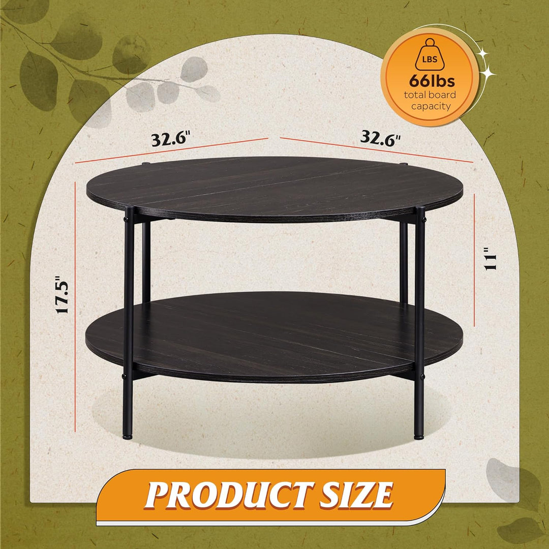 Stylish 2-Tier Round Coffee Table with Storage Shelf, Charcoal