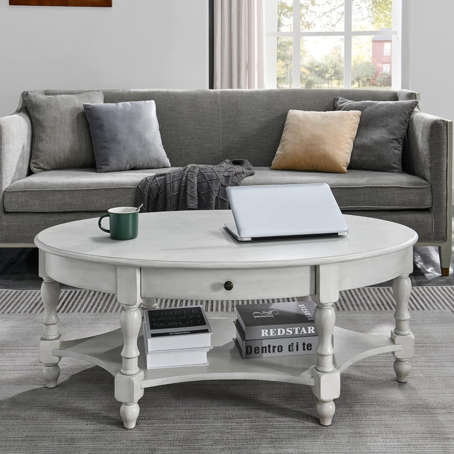 Elegant 2-Tier Oval Coffee Table, Solid Wood Victorian Style, Grey White