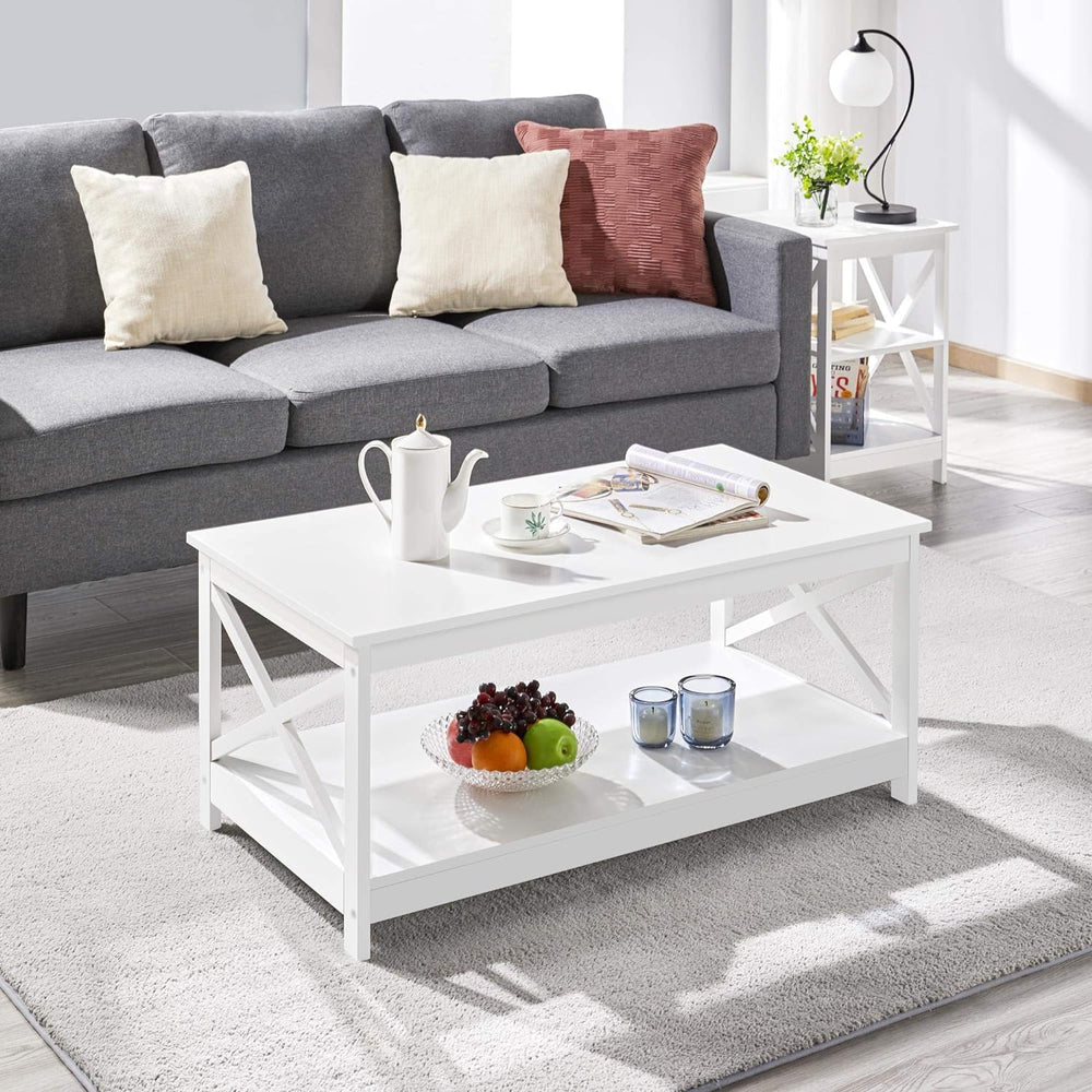 Stylish 2-Tier Wood Coffee Table with Storage Shelf, X-Shaped, White