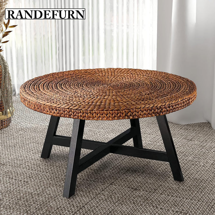 Round Seagrass Coffee Table, Solid Pine Wood Frame, Gold