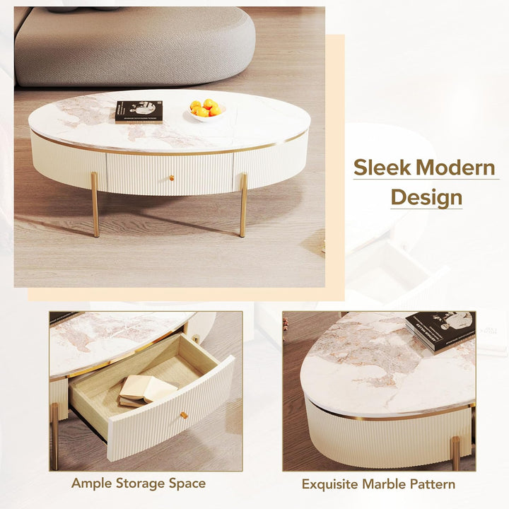 47.2''-Off White, Round Coffee Table with Drawers, Oval Marble Top