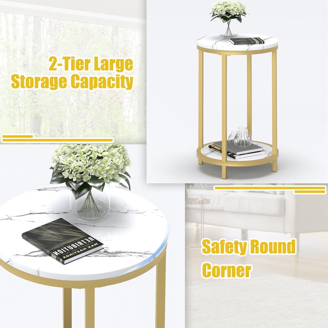 Round Side Table, Modern Nightstand End Table with Gold Metal Frame &Faux Marble Top