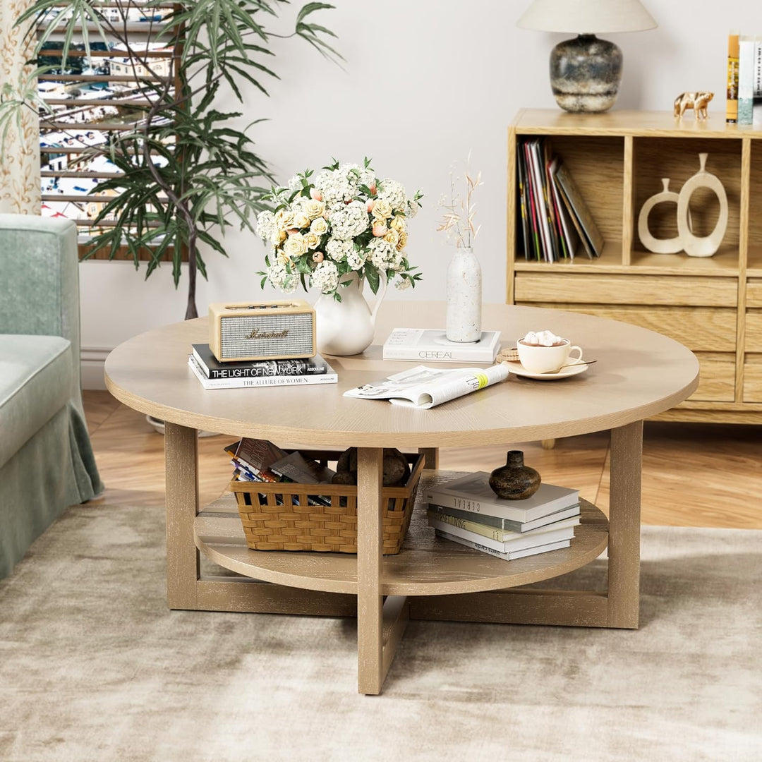 Rustic 2-Tier Wooden Coffee Table, Circular Farmhouse, Brown