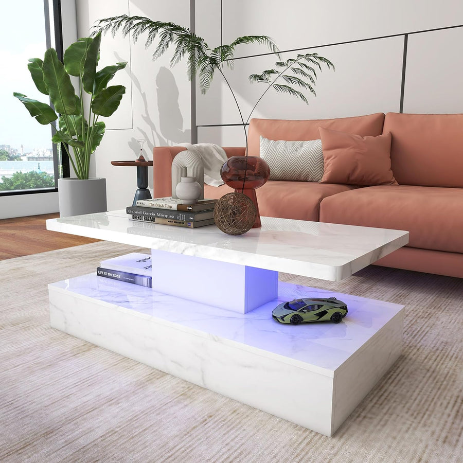 LED Coffee Table, Modern Marble Coffee Table with High Gloss Surface