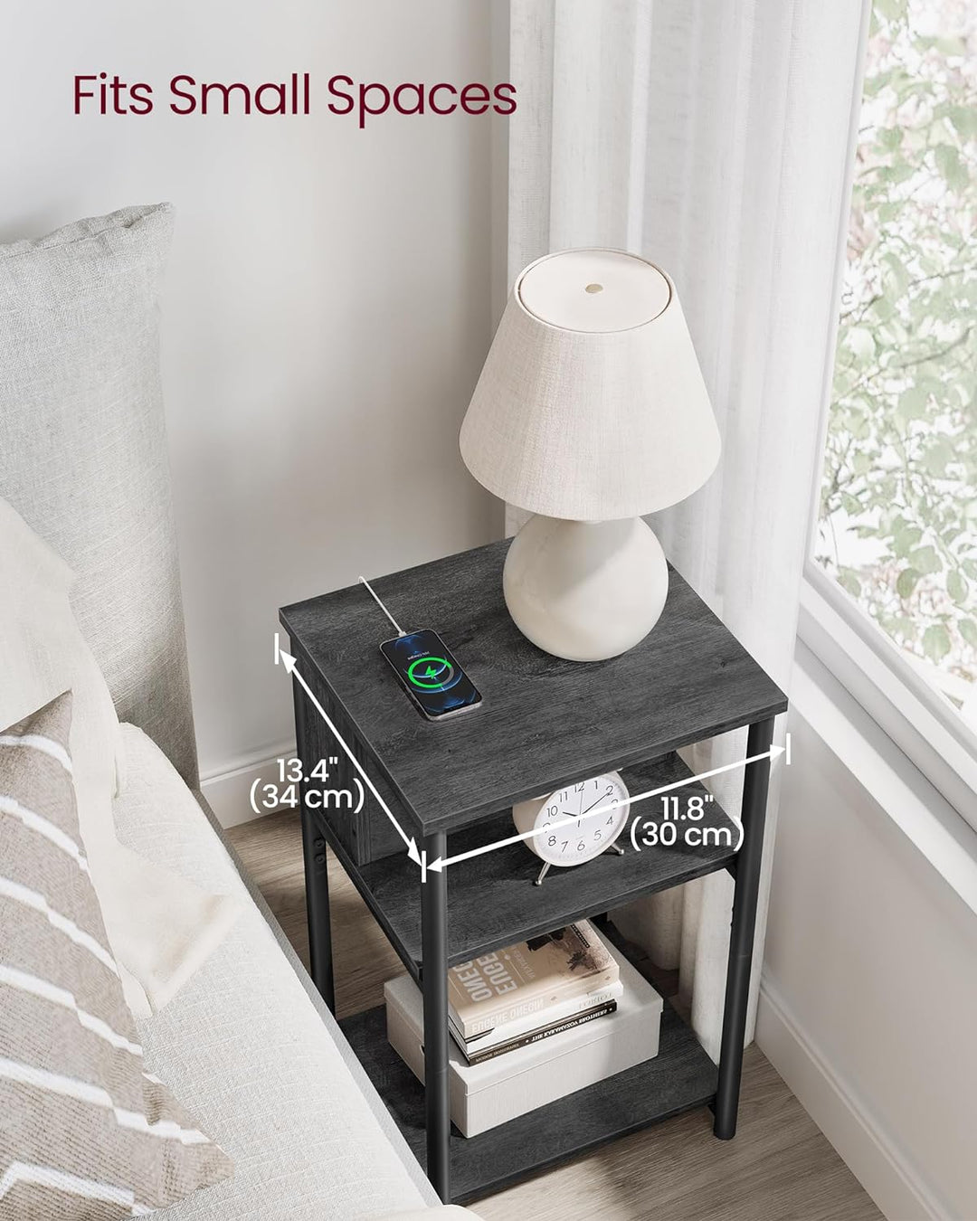 3-Tier End Table w/ USB, Outlets, Misty Gray & Black