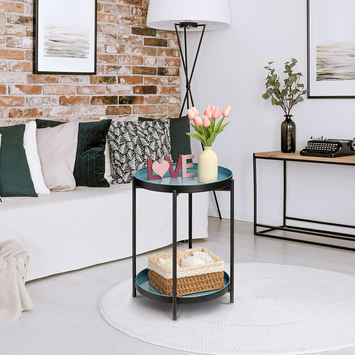 2 Tier Round Side Table, Folding Black Metal End