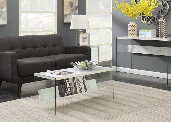 Soho Glass Coffee Table with Shelf, White Faux Marble