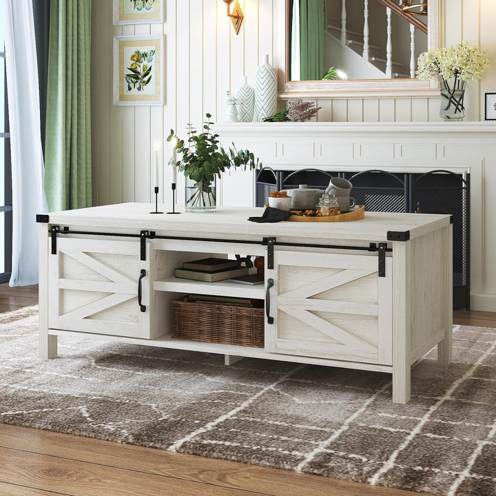 Rustic Farmhouse Coffee Table with Sliding Barn Doors, White