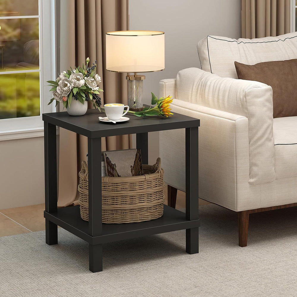 Black End Table, 20" Square, 2-Tier, Farmhouse