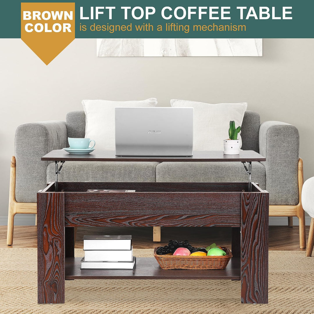 Lift Top Coffee Table with Hidden Storage, Wooden Dining Table, Espresso