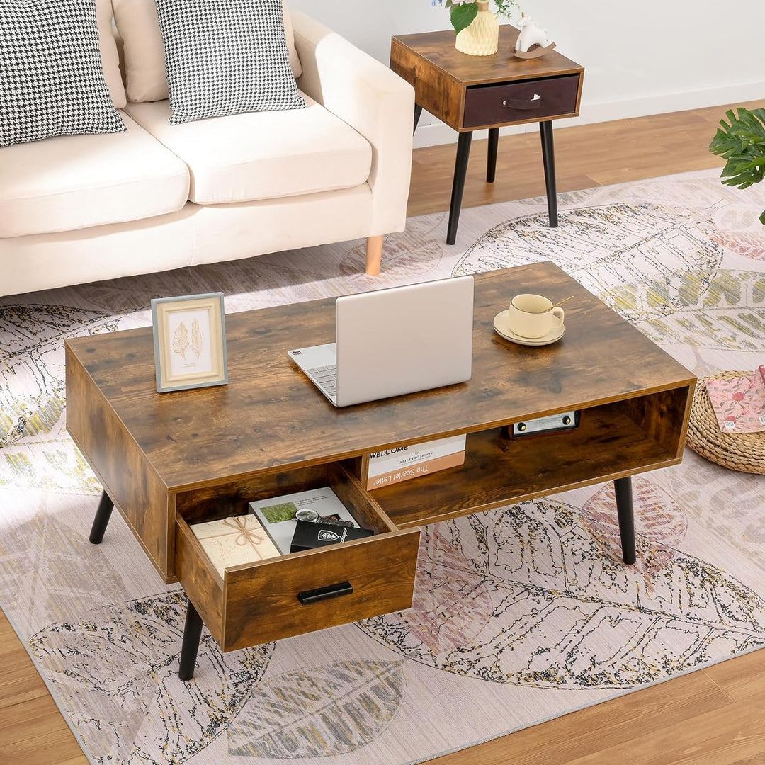 Rustic Mid-Century Coffee Table with Drawer and Shelf, Rustic Brown