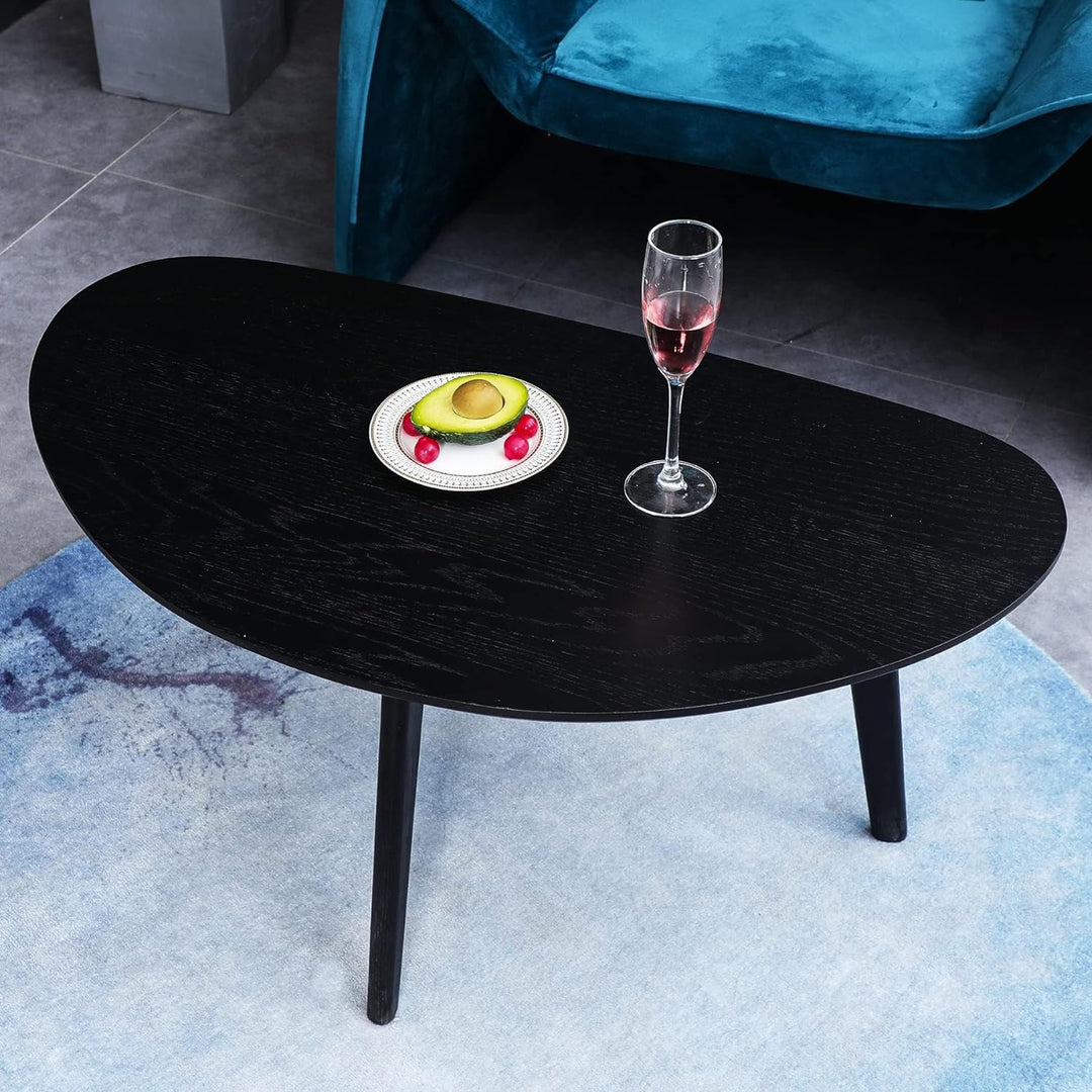 Small Black Oval Coffee Table for Small Spaces, Modern Center Table with Oak Wood Legs