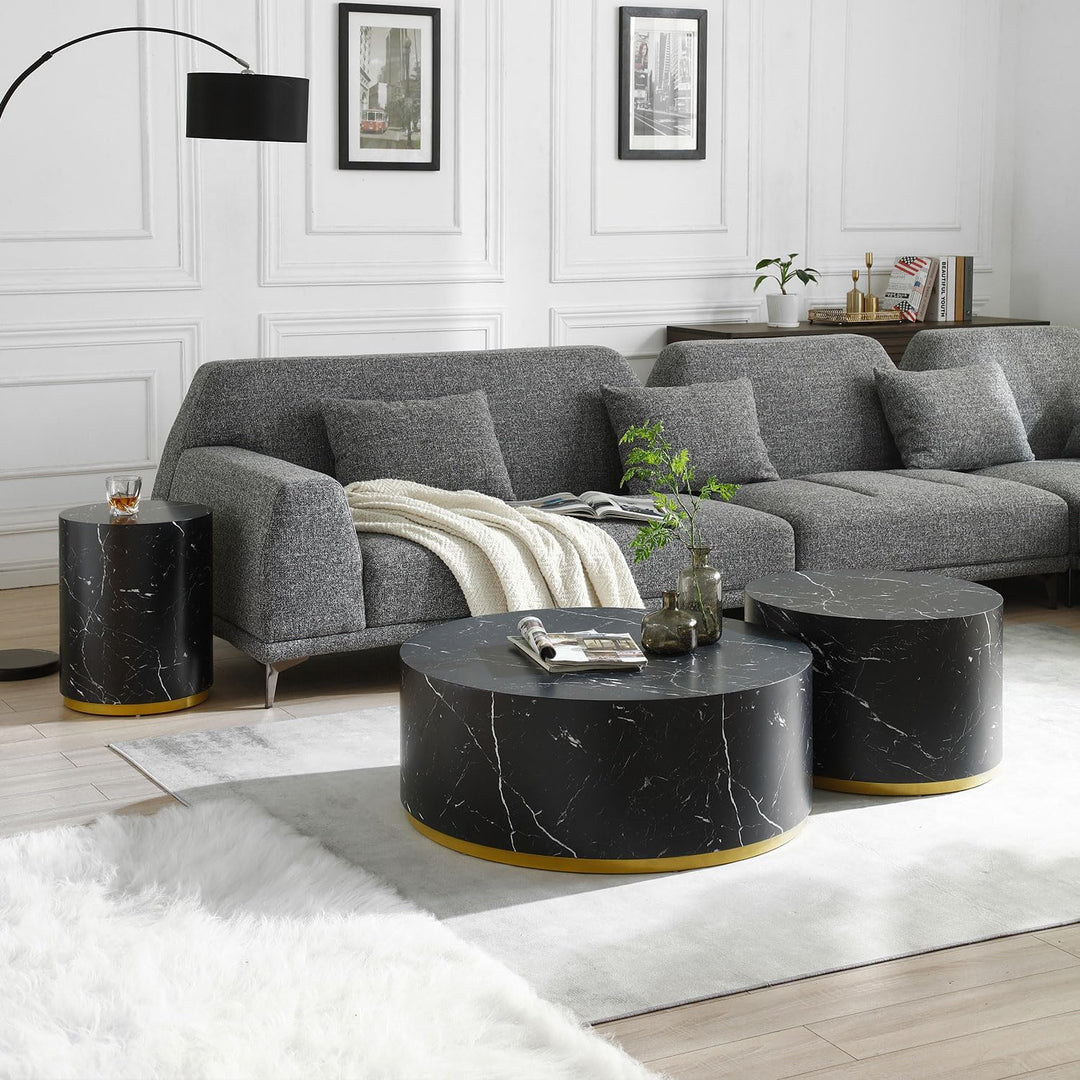 Modern Round Coffee Table Set, Black with Gold Rim