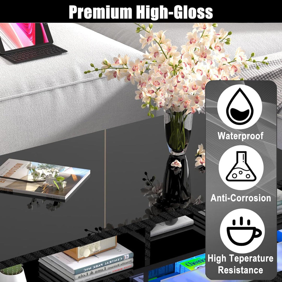 Modern High Gloss Black LED Coffee Table, 2-Tier, App Control