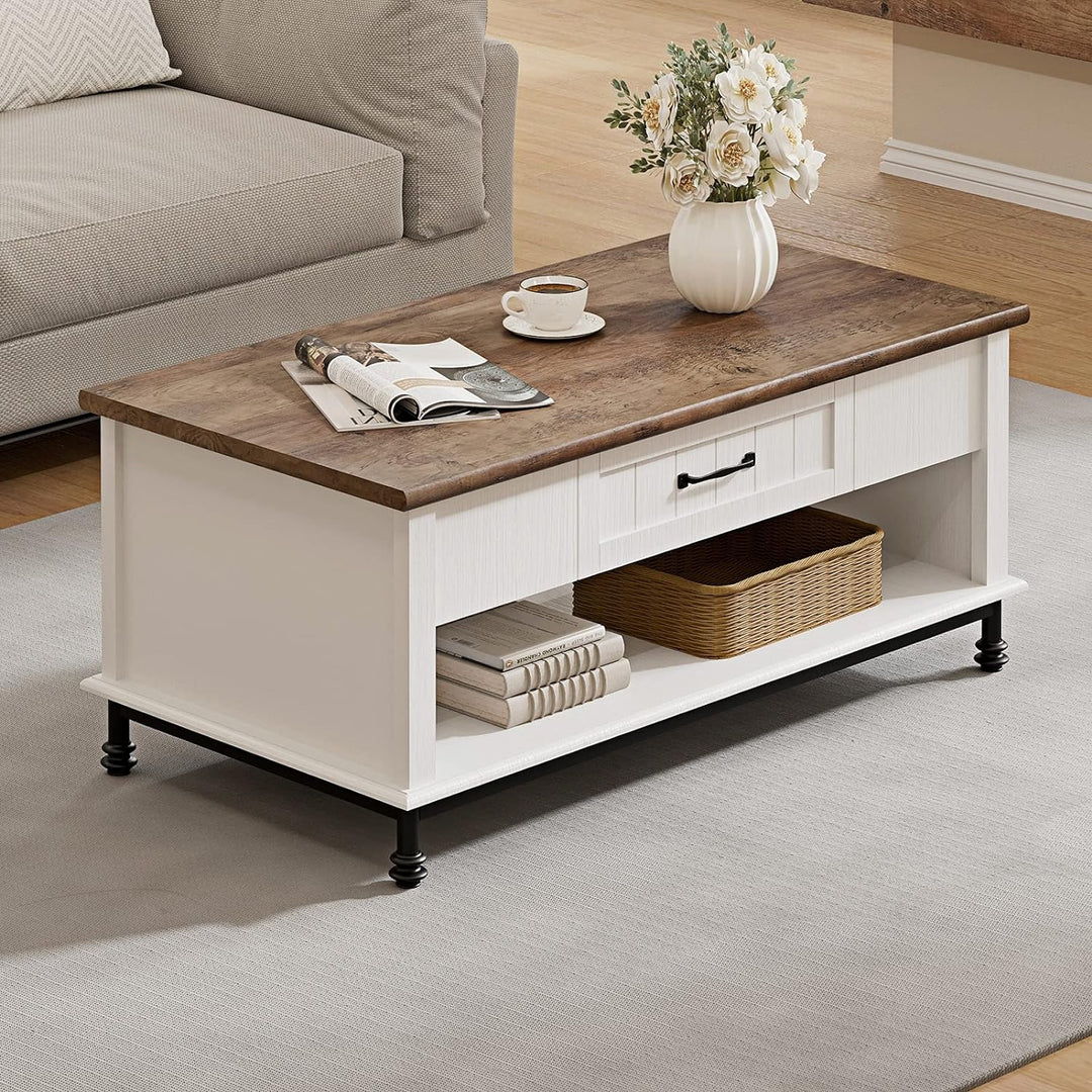 Modern Farmhouse Coffee Table, Large Rectangle Center Table, White/Oak