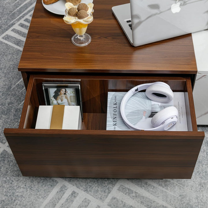 Elegant Walnut and Marble White Coffee Table, Mid-Century Modern