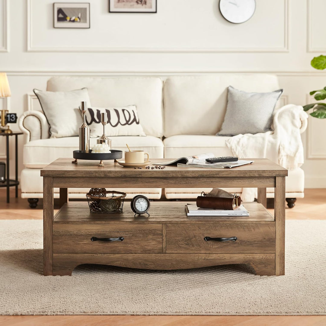 Farmhouse Coffee Table with Storage, Chic Style with Curved Base, Brown