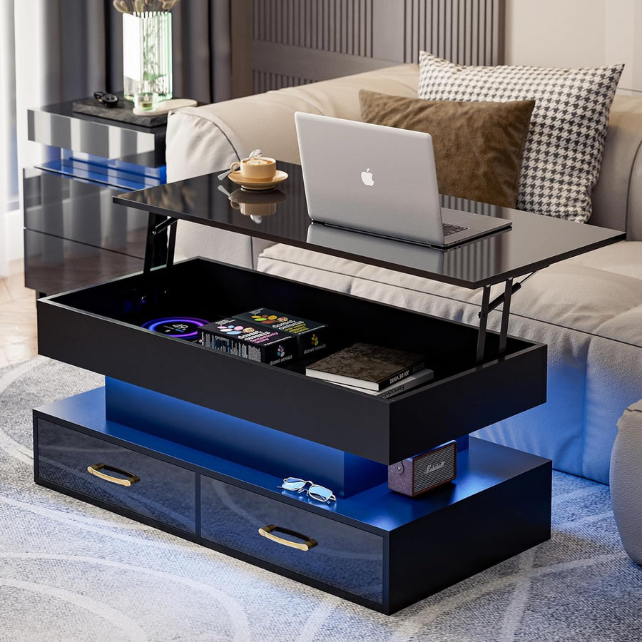 Lift Top Coffee Table with LED Lights, 2 Drawers, Black