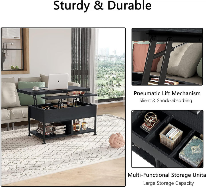 Lift Top Coffee Table with Hidden Compartment, Modern 4-in-1 Multifunctional Dining Table for Living Room, Black