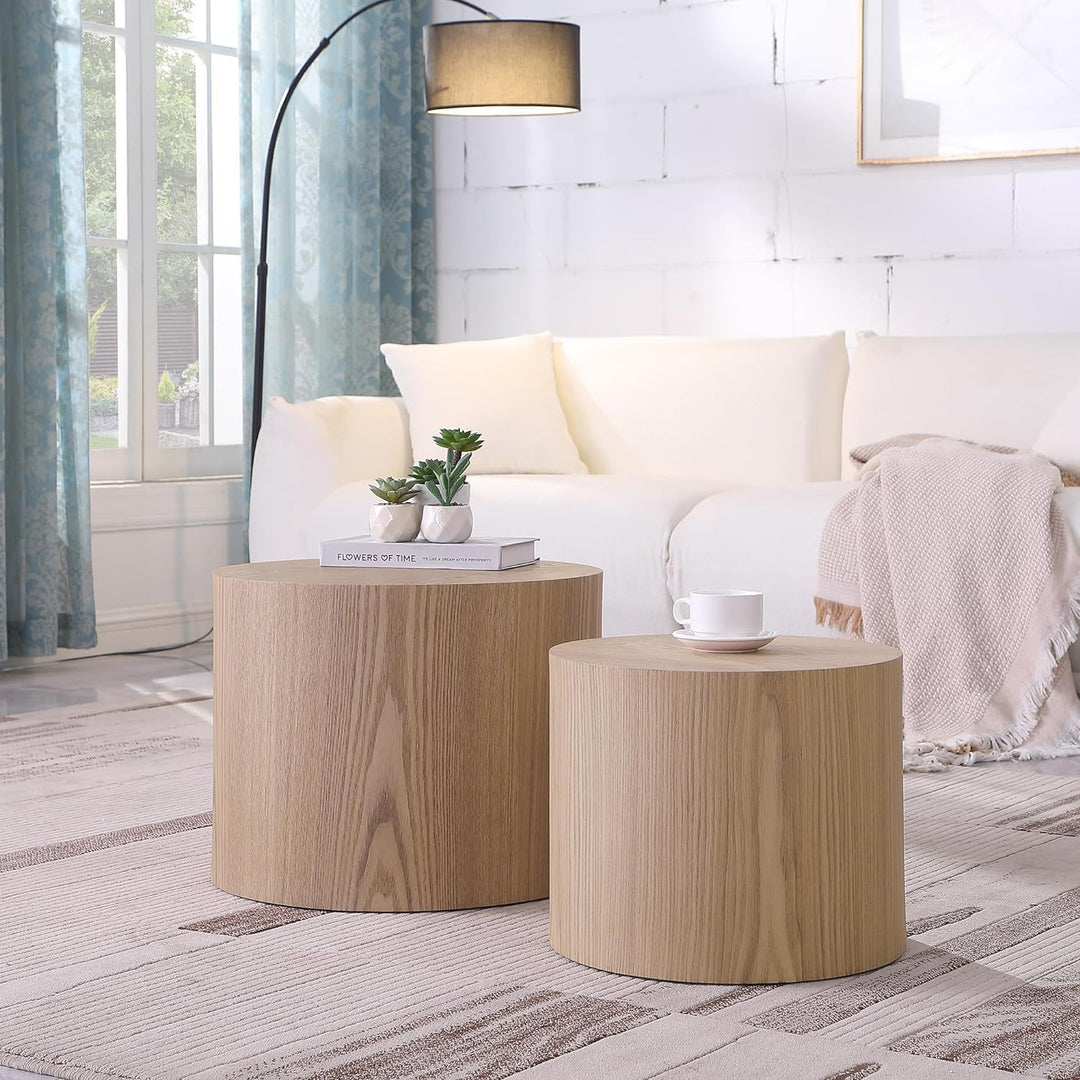 Modern Round Coffee Table Set, Wooden Circle Side Table, Round-oak