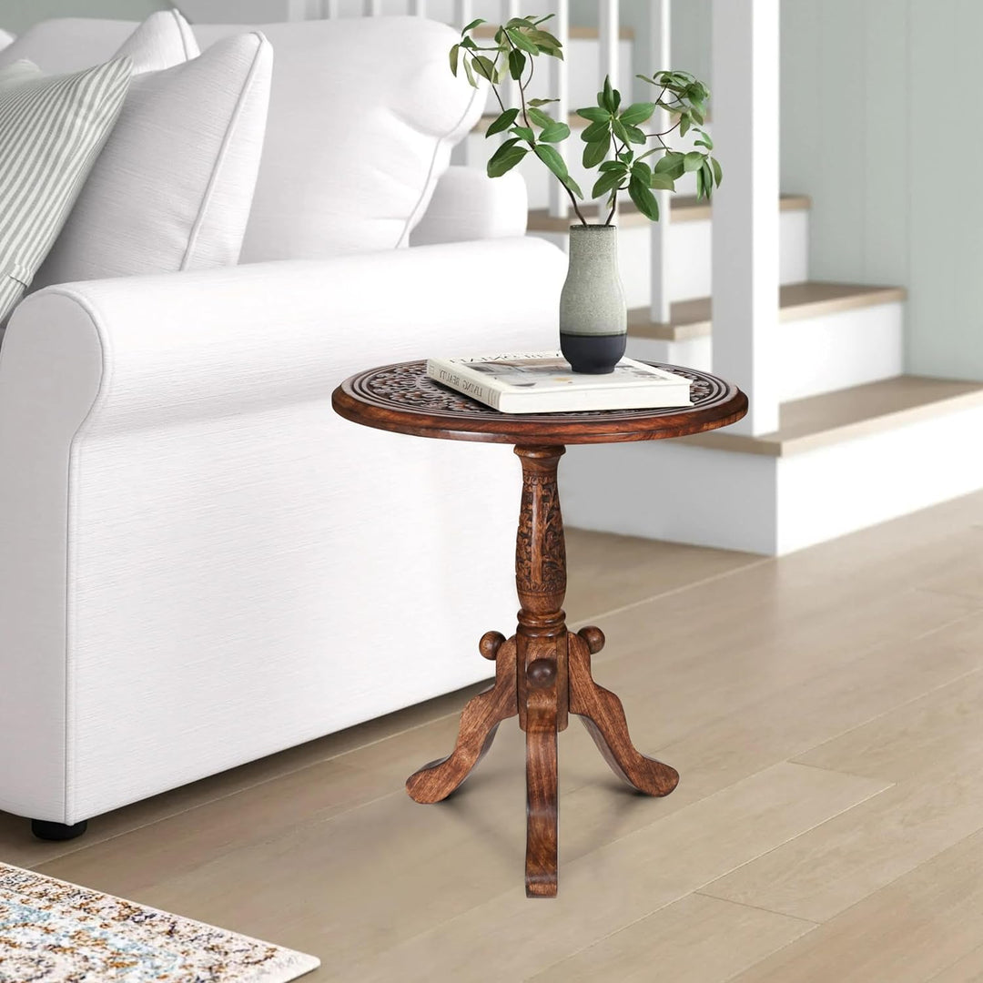 Round Carved Wood Accent Table with Pedestal Base