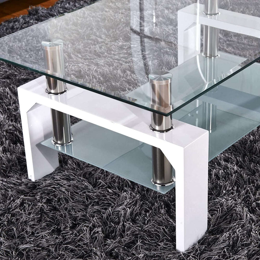 Modern White Glass Coffee Table with Lower Shelf, Metal Legs