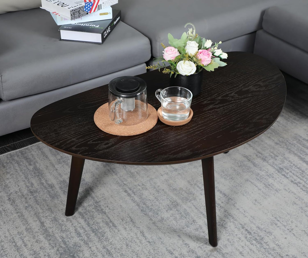 Small Oval Coffee Table, Mango Wood Tabletop, Modern Design, Black Walnut