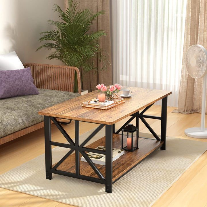 Farmhouse Coffee Table w/ 2-Tier Storage, Walnut