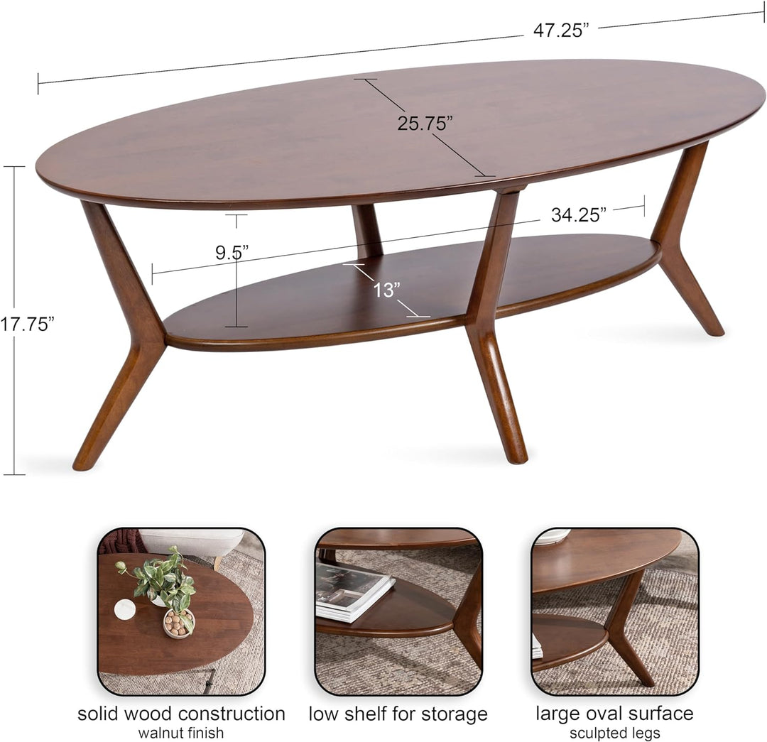 Nylah Mid-Century Modern Oval Coffee Table with Storage, Walnut Brown