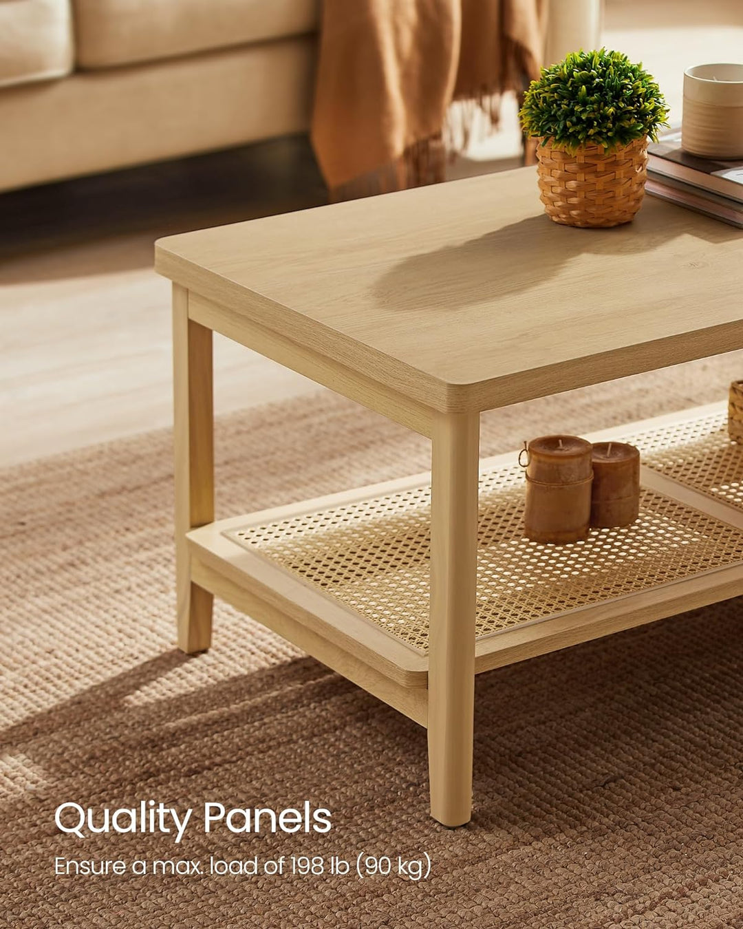 VASAGLE 2-Tier Coffee Table, Rectangular Center Table with PVC Rattan Storage Shelf, Oak Beige