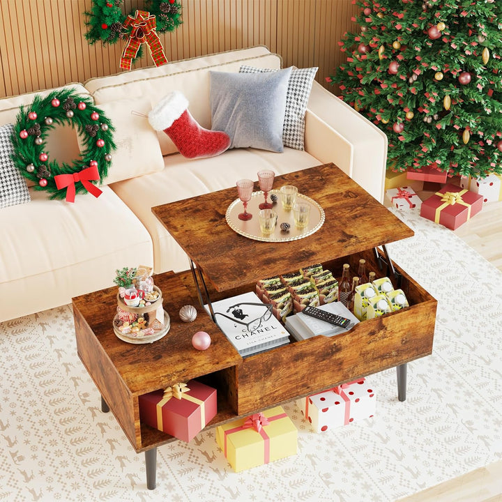 Rustic Lift-Top Coffee Tables, Sweetcrispy Wooden Center Tables with Hidden Storage, Rustic Texture Brown