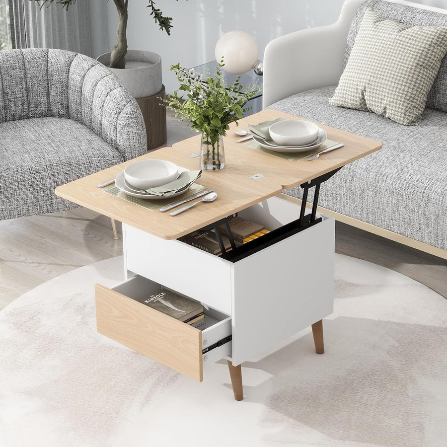 Lift Top Coffee Table with Storage Drawer, Extendable Tabletop, White/Oak